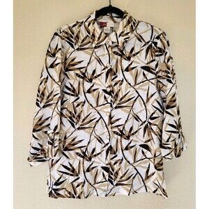 Womens Linen Top Size 10 Tropical Palm Leaf Roll Tab 3/4 Sleeve Button Up Nature